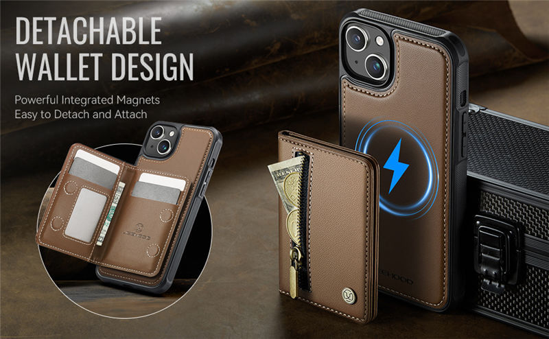 JEEHOOD iPhone 15 Plus Detachable Magnetic Zipper Wallet Case