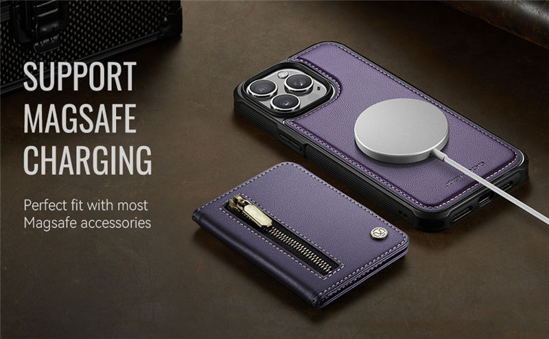 JEEHOOD iPhone 12/12 Pro Detachable Magnetic Zipper Wallet Case