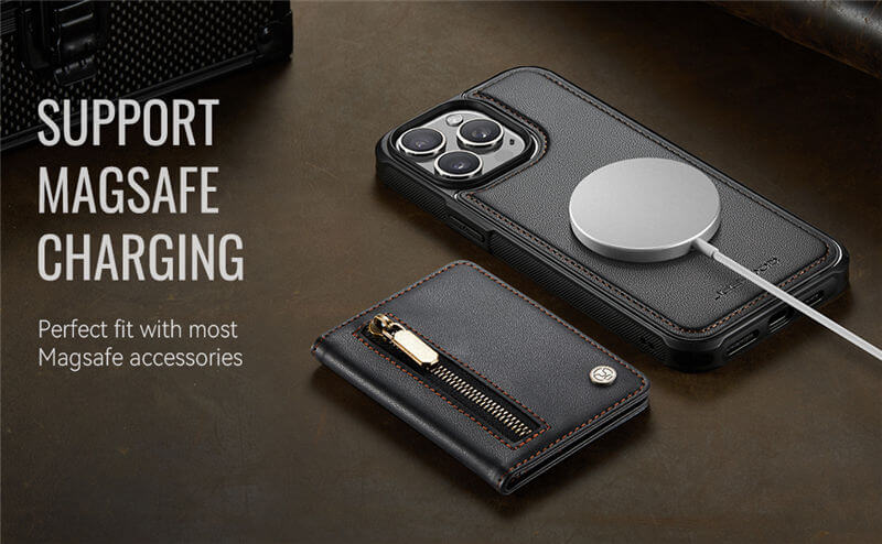 JEEHOOD iPhone 13 Pro Max Detachable Magnetic Zipper Wallet Case