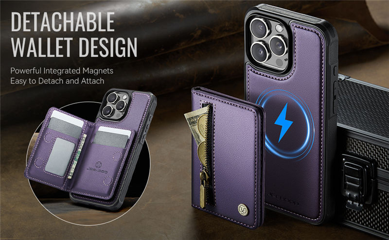 JEEHOOD iPhone 13 Pro Detachable Magnetic Zipper Wallet Case