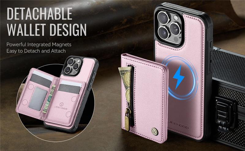 JEEHOOD iPhone 15 Pro Detachable Magnetic Zipper Wallet Case