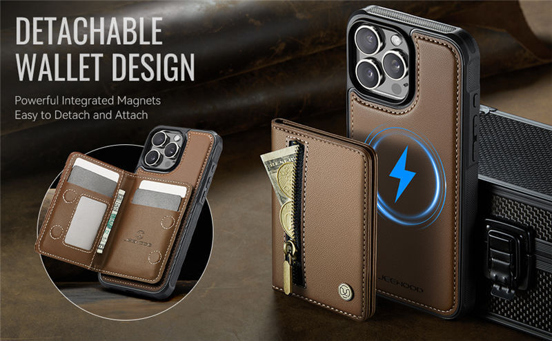 JEEHOOD iPhone 13 Pro Max Detachable Magnetic Zipper Wallet Case