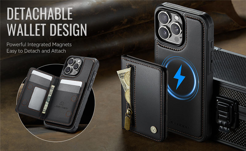 JEEHOOD iPhone 12/12 Pro Detachable Magnetic Zipper Wallet Case