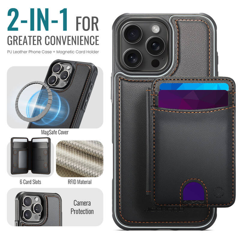 JEEHOOD iPhone 16 Pro Max 2-in-1 Magnetic RFID Wallet Case