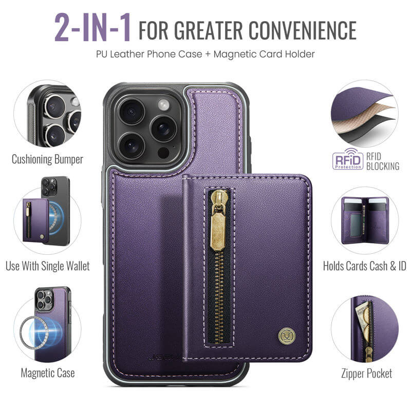 JEEHOOD iPhone 16 Pro Max Detachable Magnetic Zipper Wallet Case