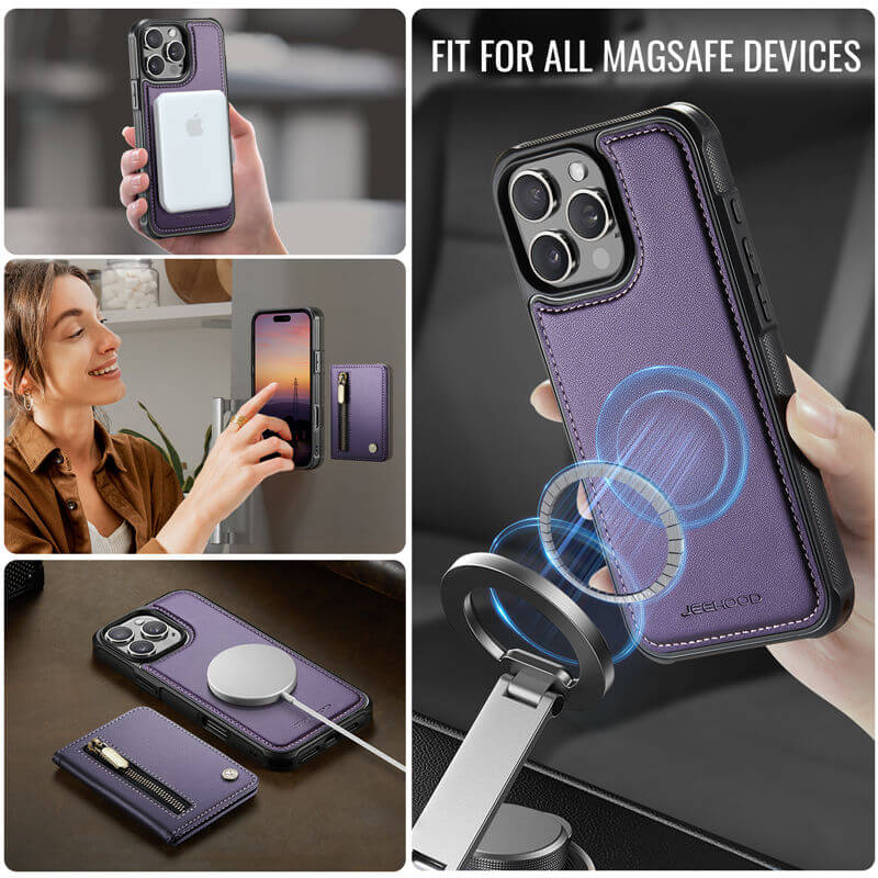 JEEHOOD iPhone 16 Pro Max Detachable Magnetic Zipper Wallet Case