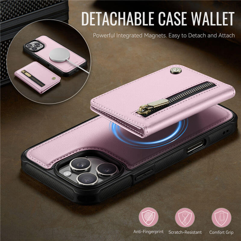 JEEHOOD iPhone 16 Pro Max Detachable Magnetic Zipper Wallet Case