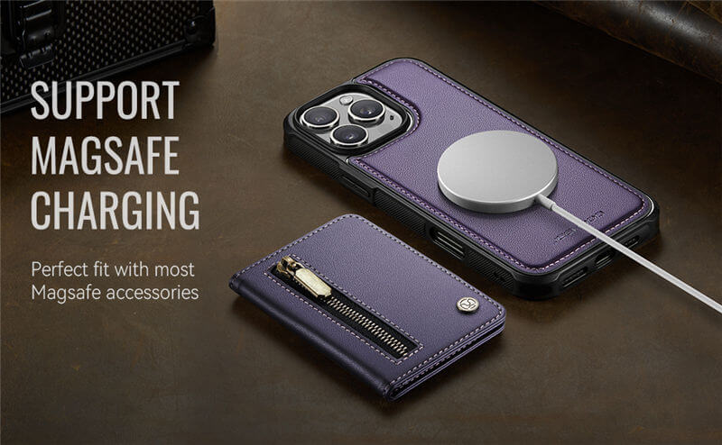 JEEHOOD iPhone 16 Pro Detachable Magnetic Zipper Wallet Case