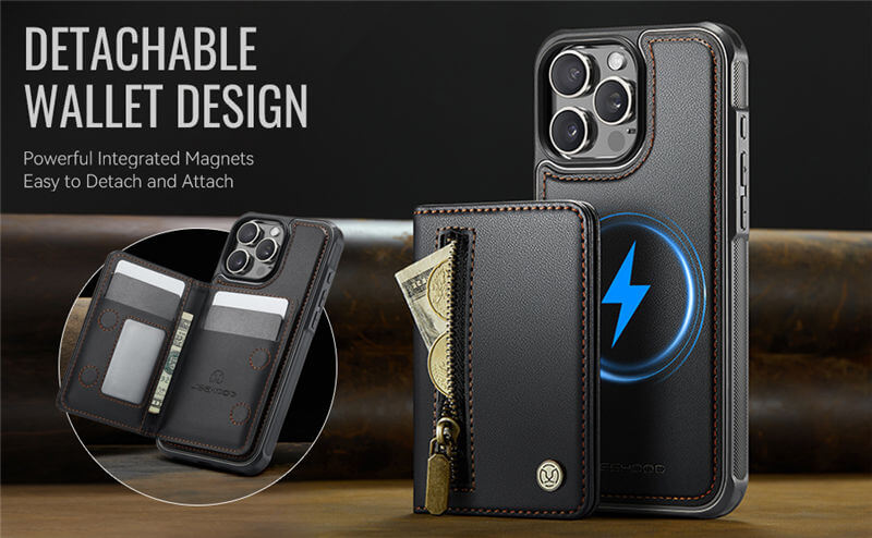 JEEHOOD iPhone 16 Pro Detachable Magnetic Zipper Wallet Case