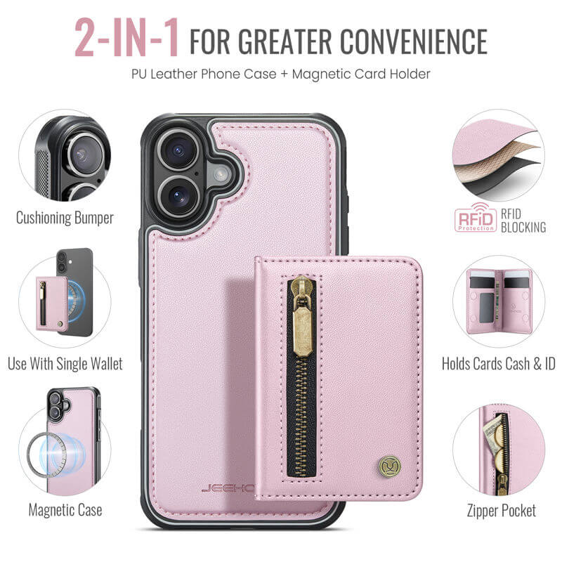 JEEHOOD iPhone 17 Detachable Magnetic Zipper Wallet Case