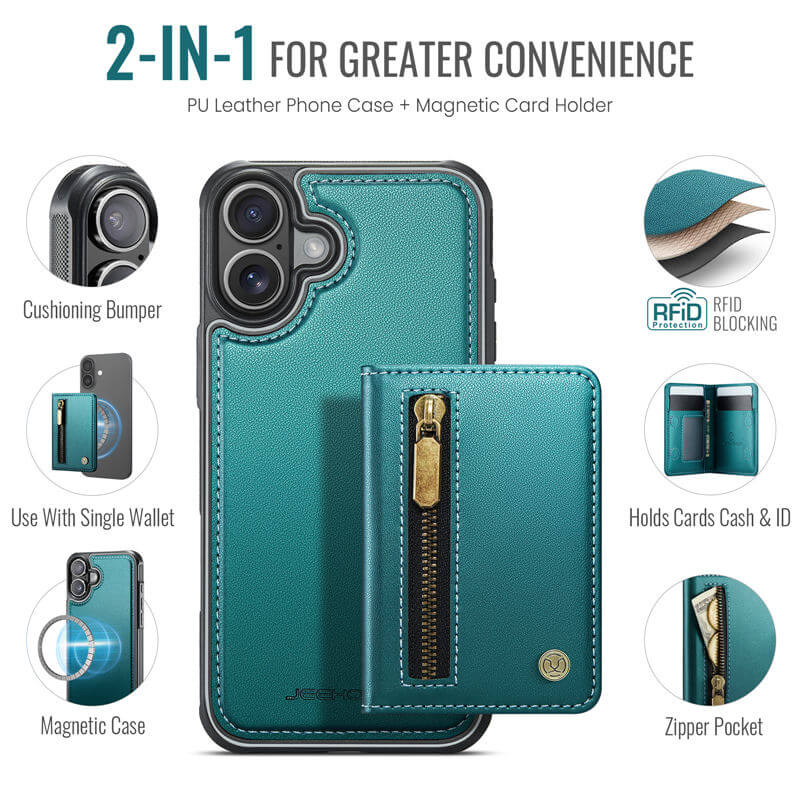 JEEHOOD iPhone 16 Detachable Magnetic Zipper Wallet Case with RFID Blocking
