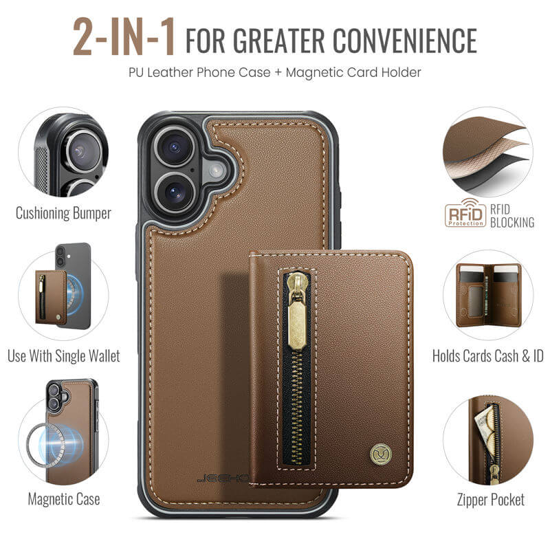 JEEHOOD iPhone 16 Plus Detachable Magnetic Zipper Wallet Case with RFID Blocking