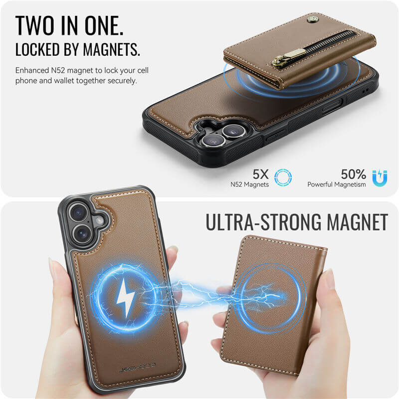 JEEHOOD iPhone 17 Detachable Magnetic Zipper Wallet Case
