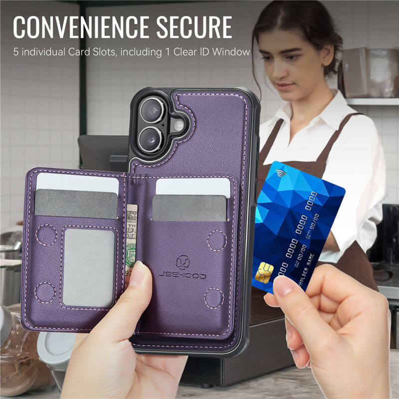 JEEHOOD iPhone 16 Detachable Magnetic Zipper Wallet Case with RFID Blocking
