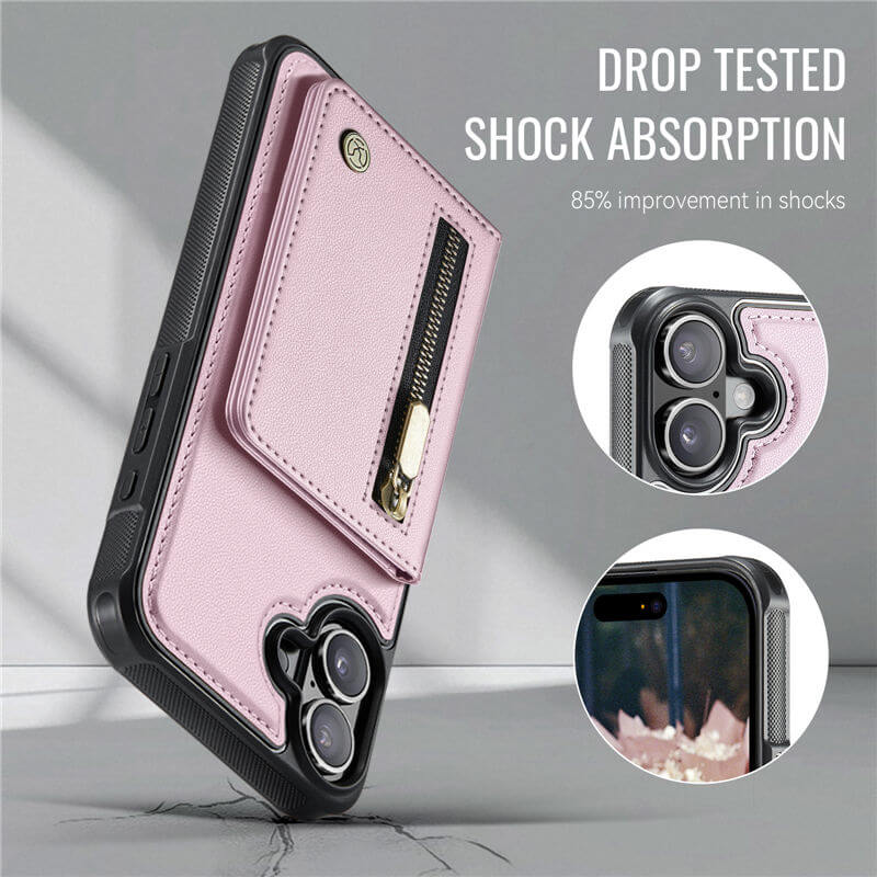 JEEHOOD iPhone 16 Detachable Magnetic Zipper Wallet Case with RFID Blocking