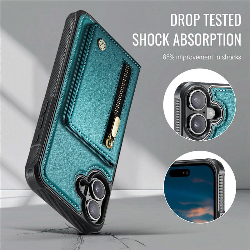 JEEHOOD iPhone 16 Plus Detachable Magnetic Zipper Wallet Case with RFID Blocking