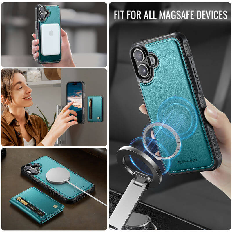 JEEHOOD iPhone 17 Detachable Magnetic Zipper Wallet Case