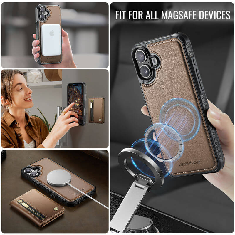 JEEHOOD iPhone 16 Plus Detachable Magnetic Zipper Wallet Case with RFID Blocking