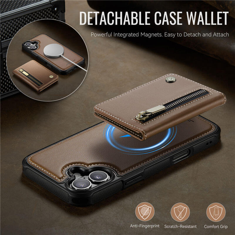 JEEHOOD iPhone 16 Detachable Magnetic Zipper Wallet Case with RFID Blocking