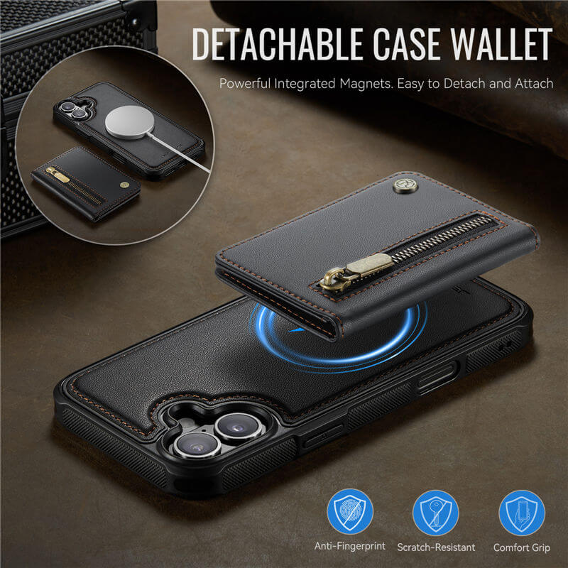 JEEHOOD iPhone 16 Plus Detachable Magnetic Zipper Wallet Case with RFID Blocking