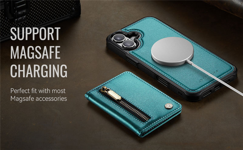 JEEHOOD iPhone 16 Detachable Magnetic Zipper Wallet Case