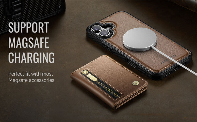 JEEHOOD iPhone 16 Plus Detachable Magnetic Zipper Wallet Case