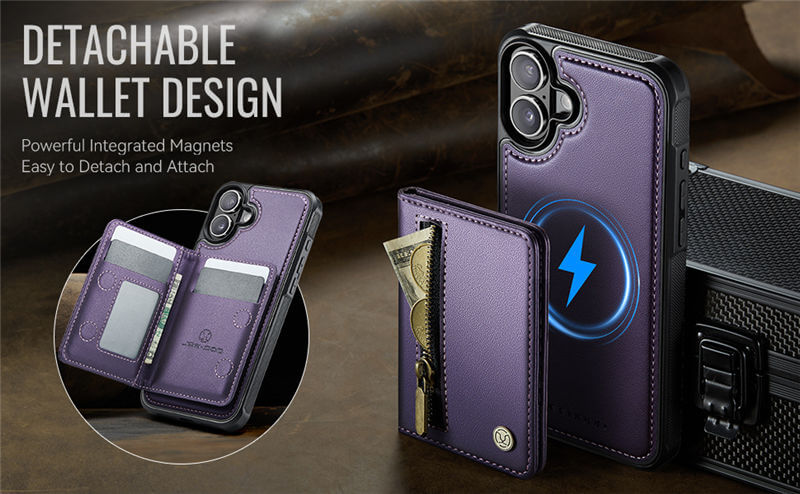 JEEHOOD iPhone 17 Detachable Magnetic Zipper Wallet Case