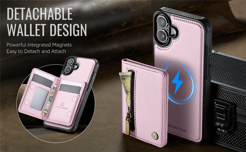 JEEHOOD iPhone 16 Detachable Magnetic Zipper Wallet Case