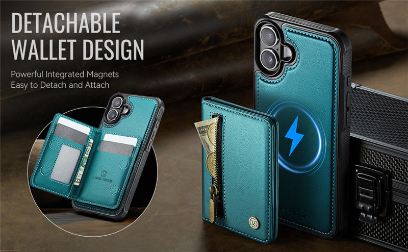 JEEHOOD iPhone 16 Plus Detachable Magnetic Zipper Wallet Case
