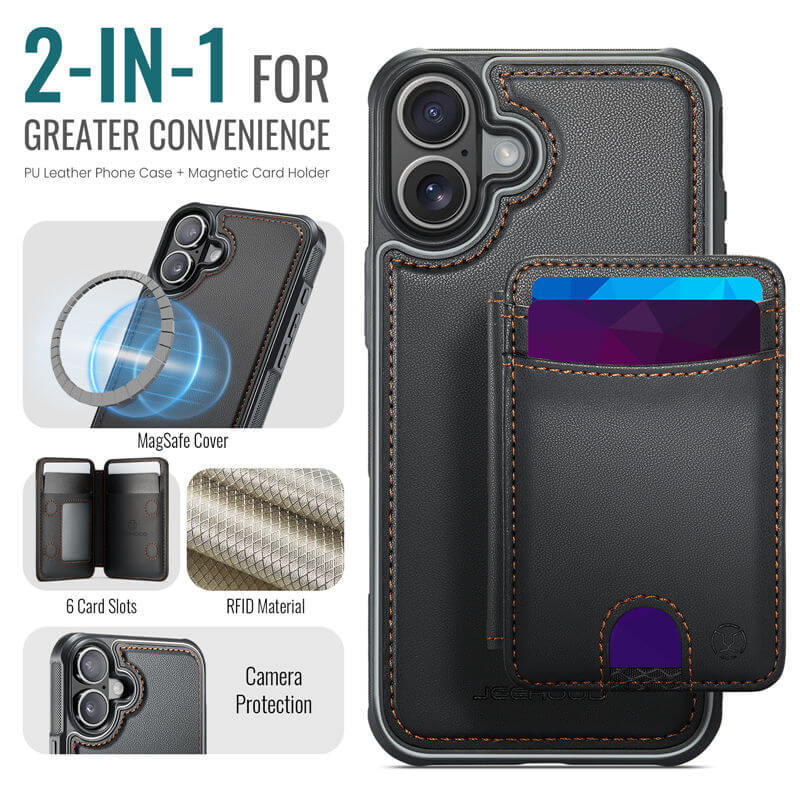 JEEHOOD iPhone 16 2-in-1 Magnetic RFID Wallet Case