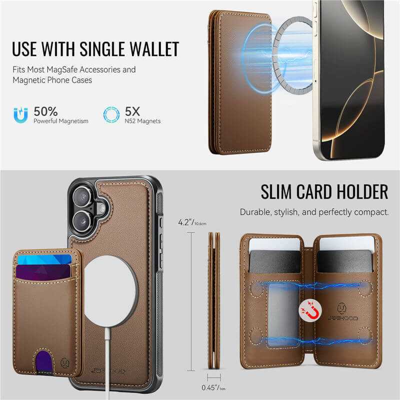 JEEHOOD iPhone 16 2-in-1 Magnetic RFID Wallet Case