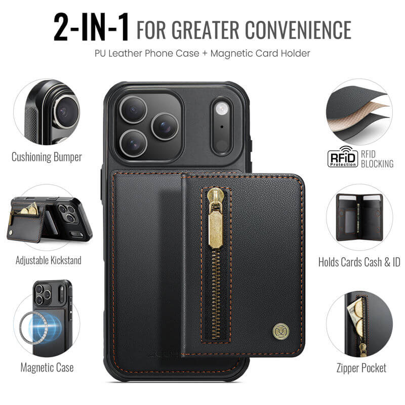 JEEHOOD iPhone 17 Pro Max Detachable Magnetic Zipper Wallet Case with RFID Blocking