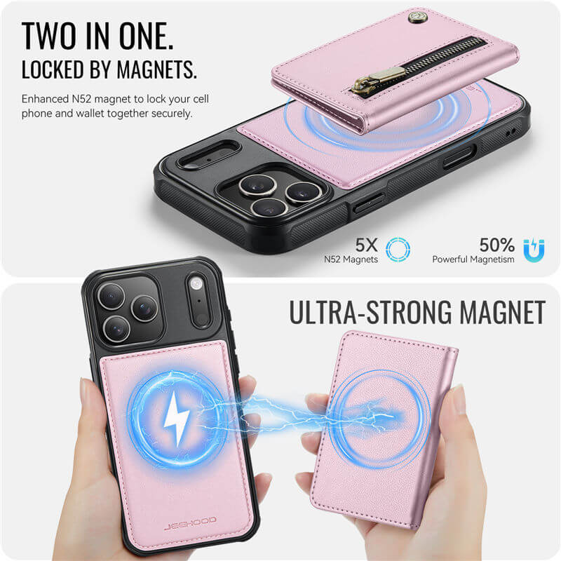 JEEHOOD iPhone 17 Pro Detachable Magnetic Zipper Wallet Case with RFID Blocking