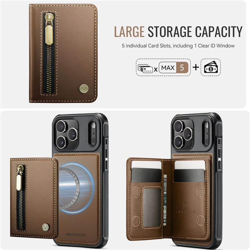 JEEHOOD iPhone 17 Pro Max Detachable Magnetic Zipper Wallet Case with RFID Blocking