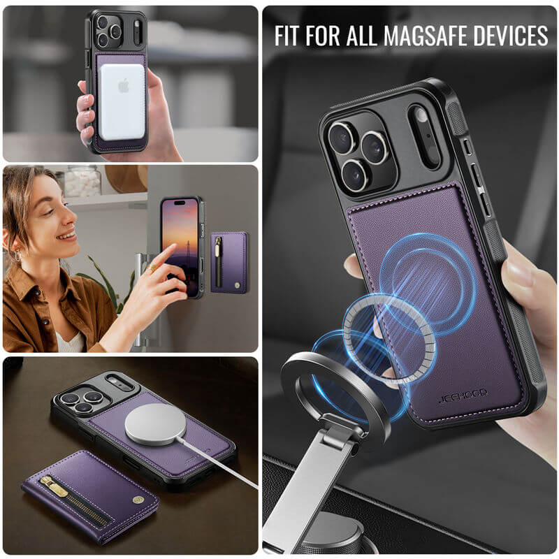 JEEHOOD iPhone 17 Pro Max Detachable Magnetic Zipper Wallet Case with RFID Blocking