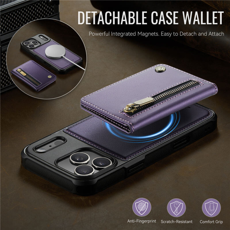 JEEHOOD iPhone 17 Pro Max Detachable Magnetic Zipper Wallet Case with RFID Blocking