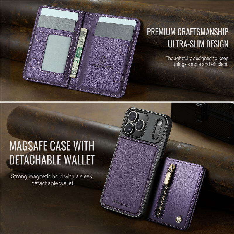 JEEHOOD iPhone 17 Pro Max Detachable Magnetic Zipper Wallet Case with RFID Blocking