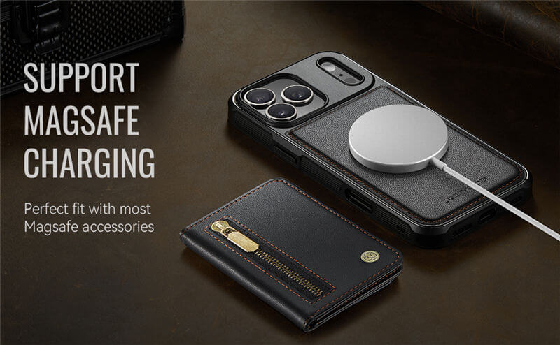 JEEHOOD iPhone 17 Pro Detachable Magnetic Zipper Wallet Case