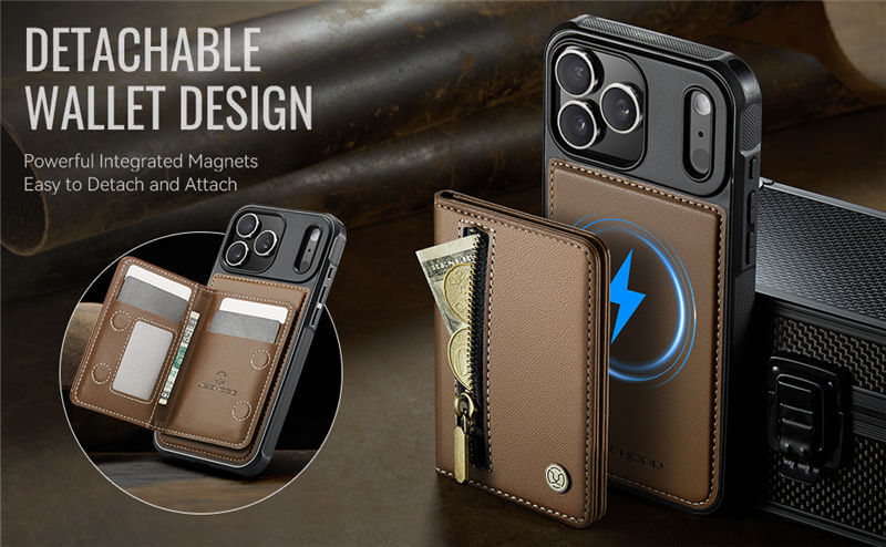 JEEHOOD iPhone 17 Pro Detachable Magnetic Zipper Wallet Case