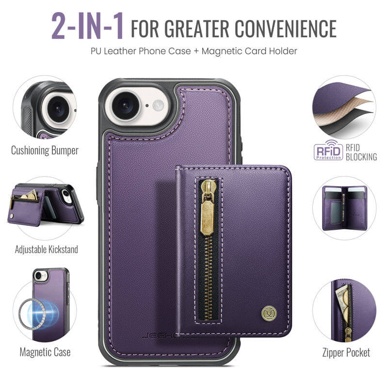 JEEHOOD iPhone 16e Detachable Magnetic Zipper Wallet Case