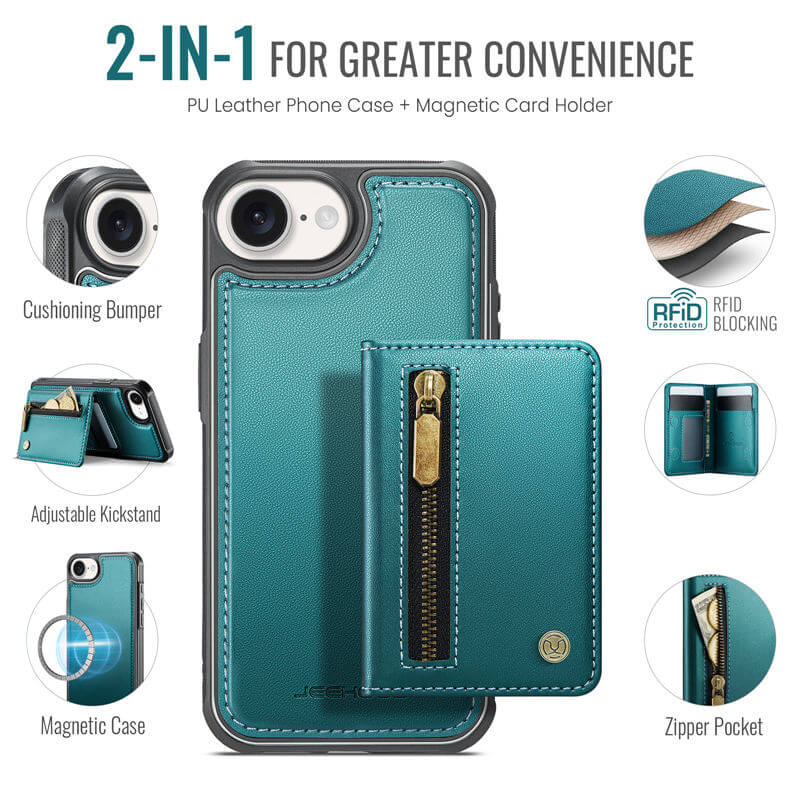 JEEHOOD iPhone 17e Detachable Magnetic Zipper Wallet Case