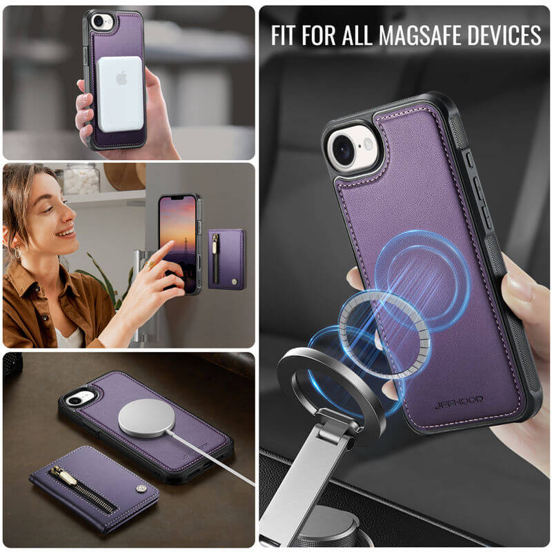 JEEHOOD iPhone 16e Detachable Magnetic Zipper Wallet Case