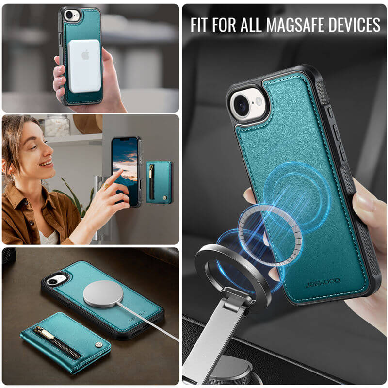 JEEHOOD iPhone 17e Detachable Magnetic Zipper Wallet Case