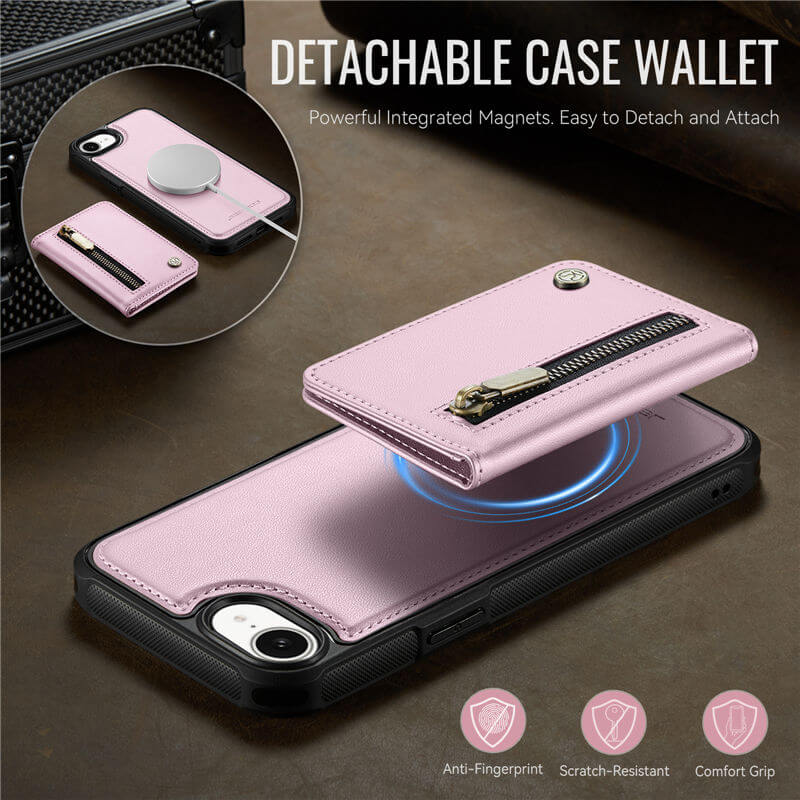 JEEHOOD iPhone 16e Detachable Magnetic Zipper Wallet Case