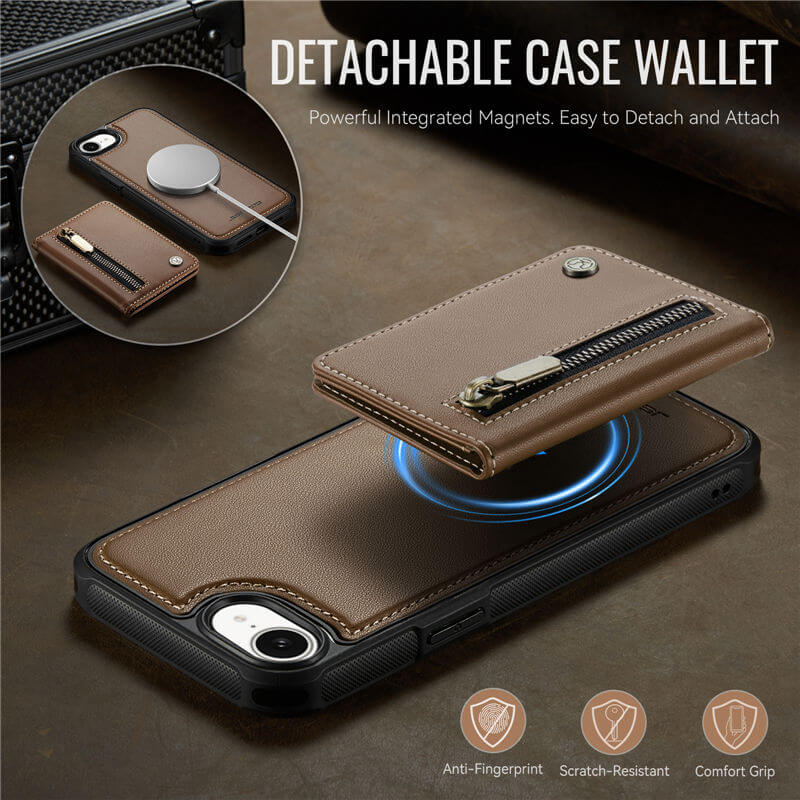 JEEHOOD iPhone 17e Detachable Magnetic Zipper Wallet Case