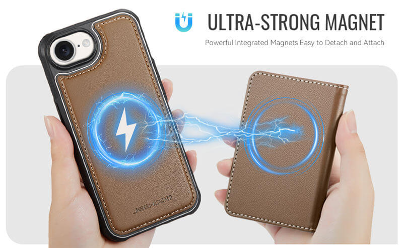 JEEHOOD iPhone 17e Detachable Magnetic Zipper Wallet Case