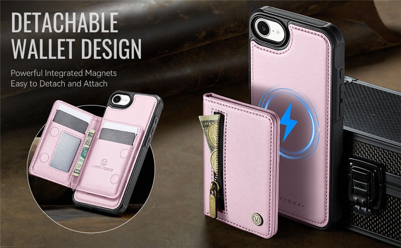 JEEHOOD iPhone 17e Detachable Magnetic Zipper Wallet Case