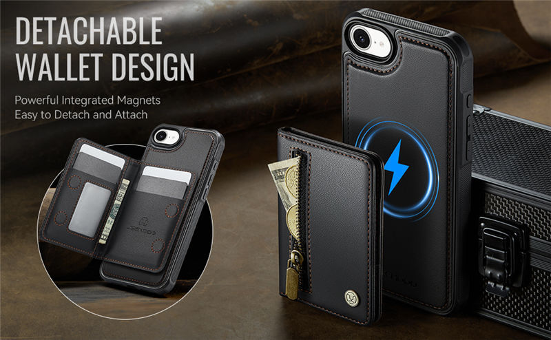 JEEHOOD iPhone 16e Detachable Magnetic Zipper Wallet Case