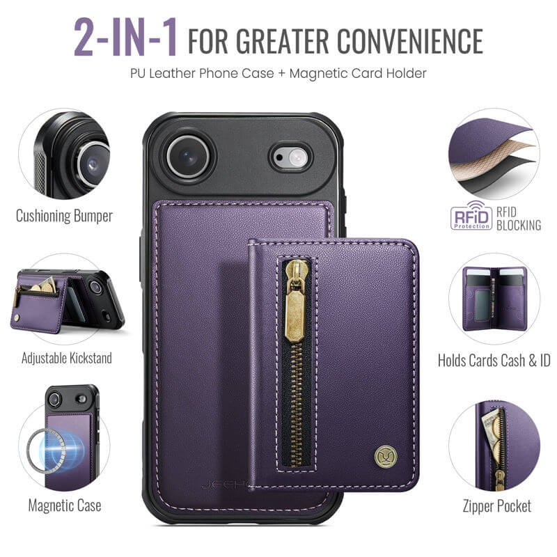 JEEHOOD iPhone Air Detachable Magnetic Zipper Wallet Case