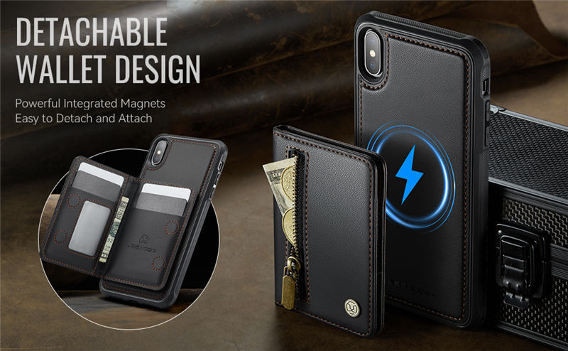 JEEHOOD iPhone XS Max Detachable Magnetic Zipper Wallet Case